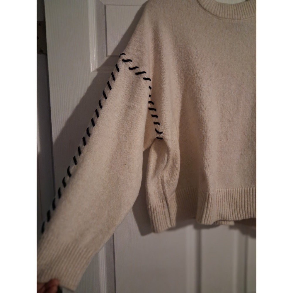 NWT Women Plus 2X Beige Cream Sweater Black Stitch Detail Long Sleeve Crewneck - Picture 3 of 11